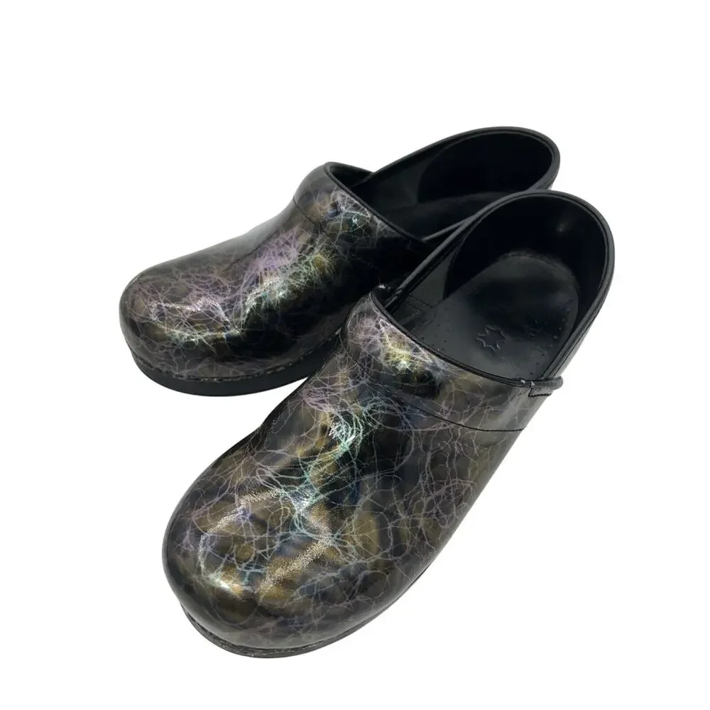 Dansko Women Professional Iridescent Printed Black Leather Clogs Size 39 US 8 - Picture 7 of 9